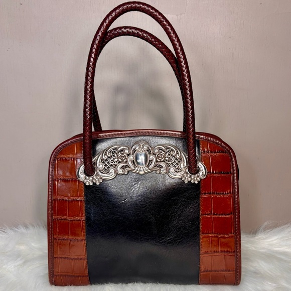 Brighton Handbags - BRIGHTON Black & Brown Leather Satchel w/Silver Filigree